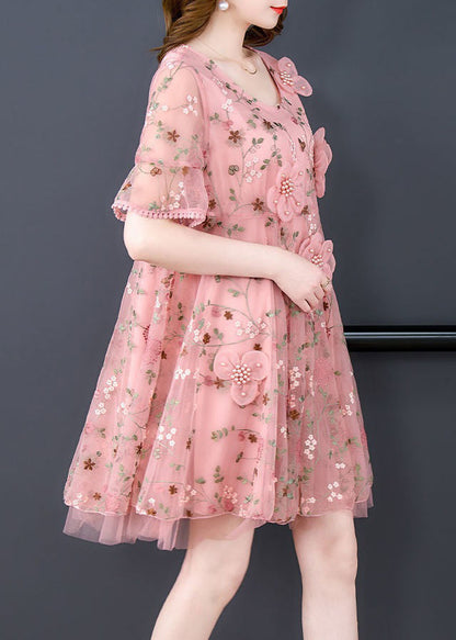 Pink Embroidered Tulle Mid Dress O Neck Short Sleeve OP1079 Ada Fashion