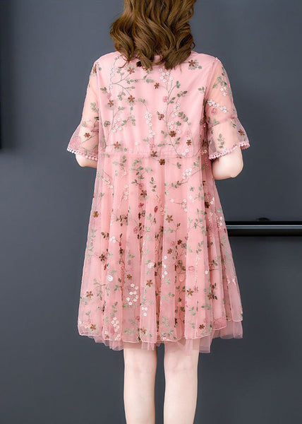 Pink Embroidered Tulle Mid Dress O Neck Short Sleeve OP1079 Ada Fashion