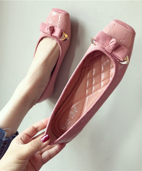 Toe Leather Splicing Flats Pink Women Square Faux Bow FashionChic