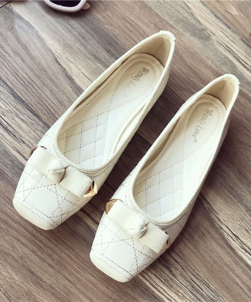 Toe Leather Splicing Flats Pink Women Square Faux Bow FashionChic