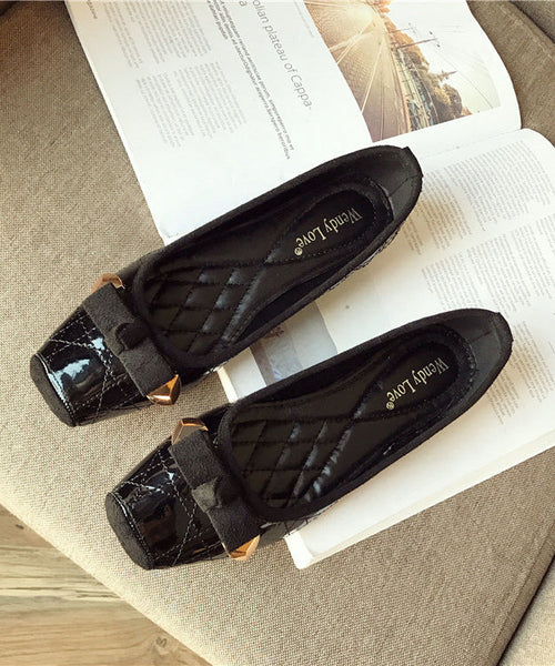 Toe Leather Splicing Flats Pink Women Square Faux Bow FashionChic