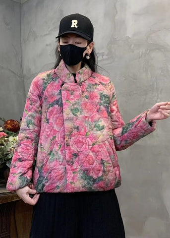 Pink Floral Print Fine Cotton Filled Coat Mandarin Collar Winter YO006 ABC