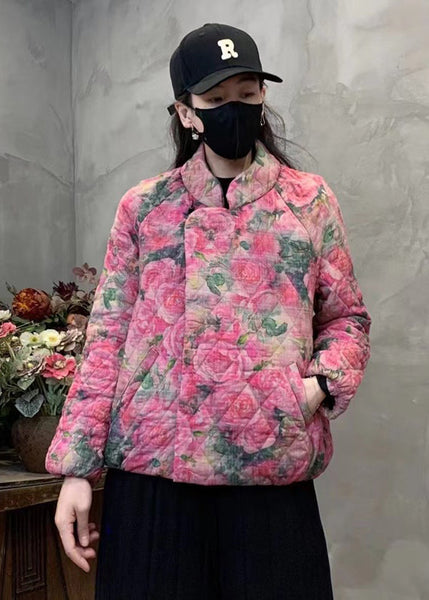 Pink Floral Print Fine Cotton Filled Coat Mandarin Collar Winter YO006 ABC
