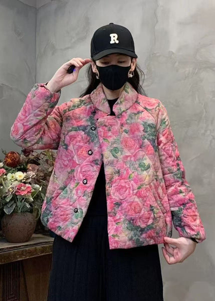 Pink Floral Print Fine Cotton Filled Coat Mandarin Collar Winter YO006 ABC