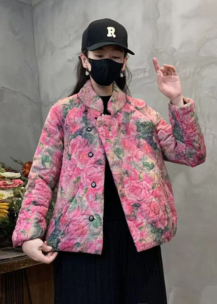 Pink Floral Print Fine Cotton Filled Coat Mandarin Collar Winter YO006 ABC