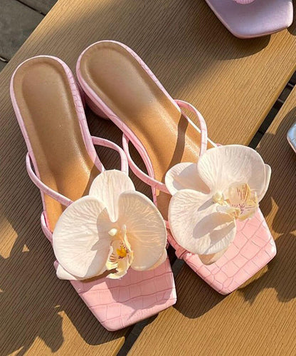 Pink Floral Sandals Peep Slide Splicing Toe Chunky FashionChic