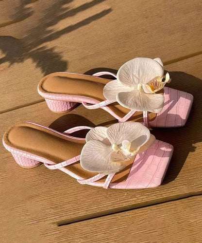 Pink Floral Sandals Peep Slide Splicing Toe Chunky FashionChic