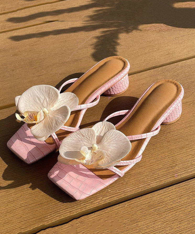 Pink Floral Sandals Peep Slide Splicing Toe Chunky FashionChic
