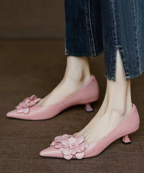 Heel High Toe Sheepskin Pink Pointed Floral Unique Splicing FashionChic