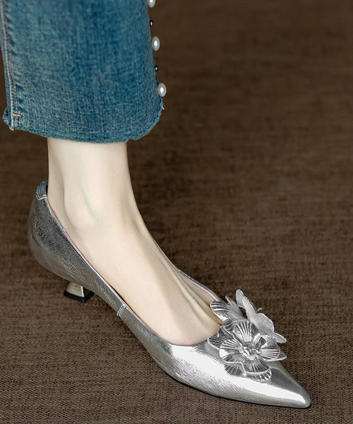 Heel Pink Floral Toe Splicing Unique High Pointed Sheepskin FashionChic