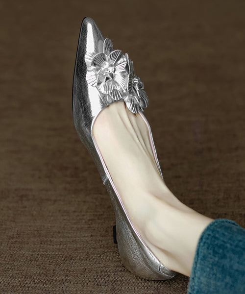 Heel Pink Floral Toe Splicing Unique High Pointed Sheepskin FashionChic