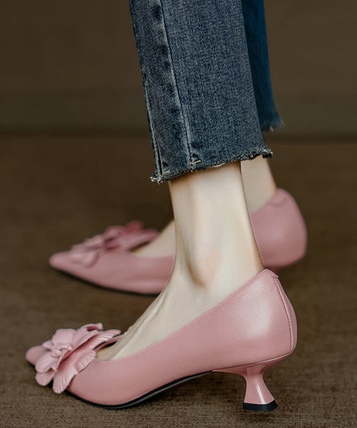 Heel High Toe Sheepskin Pink Pointed Floral Unique Splicing FashionChic