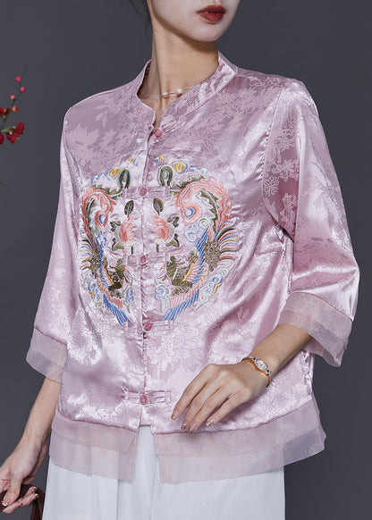 Pink Jacquard Silk Chinese Style Shirt Top Embroidered Spring SD1078 Ada Fashion