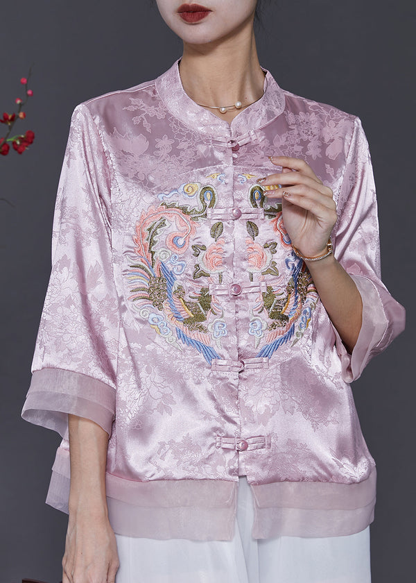 Pink Jacquard Silk Chinese Style Shirt Top Embroidered Spring SD1078 Ada Fashion