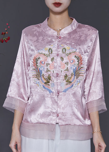 Pink Jacquard Silk Chinese Style Shirt Top Embroidered Spring SD1078 Ada Fashion