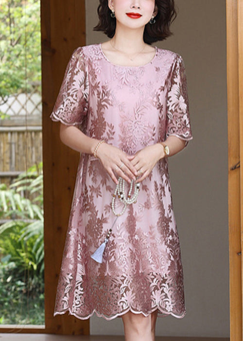Pink Jacquard Silk Mid Dresses Silm Fit Summer YY006 OL-SDM2408-16