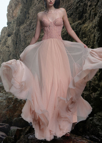 Summer Lace Dresses Backless Tulle Pink Maxi Patchwork FashionChic