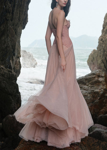 Summer Lace Dresses Backless Tulle Pink Maxi Patchwork FashionChic