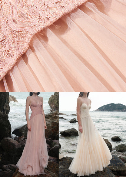 Summer Lace Dresses Backless Tulle Pink Maxi Patchwork FashionChic