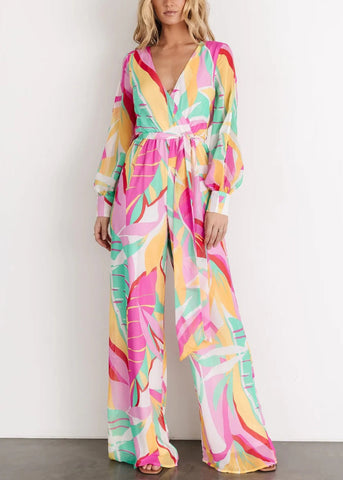 Pink Lace Up High Waist Chiffon Jumpsuits V Neck Fall AU1006 OM-ZS240902