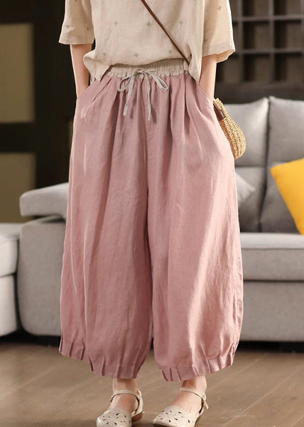 Waist Summer Lace Up Pants Linen Pink Patchwork Elastic Crop FashionChic