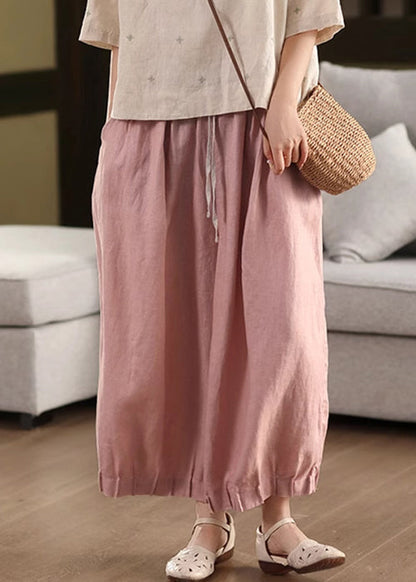 Waist Summer Lace Up Pants Linen Pink Patchwork Elastic Crop FashionChic