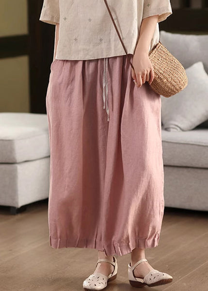 Waist Summer Lace Up Pants Linen Pink Patchwork Elastic Crop FashionChic