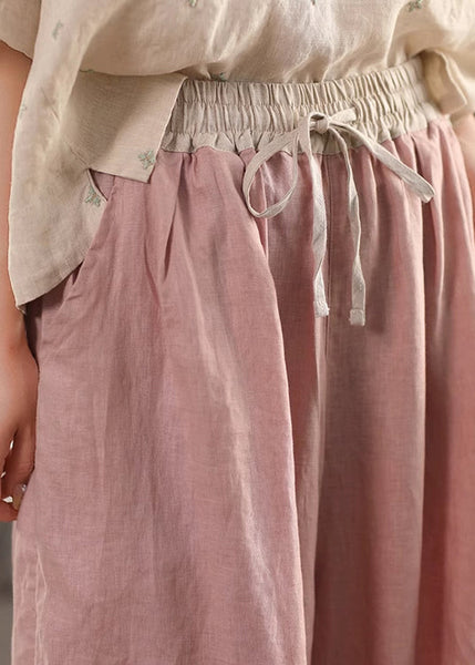 Waist Summer Lace Up Pants Linen Pink Patchwork Elastic Crop FashionChic