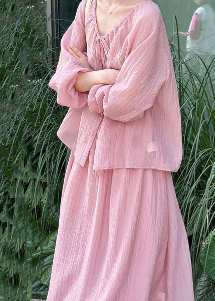 Lace Silk Two Up Wrinkled Shirt Pieces Skirts Set Pink Fall And FashionChic