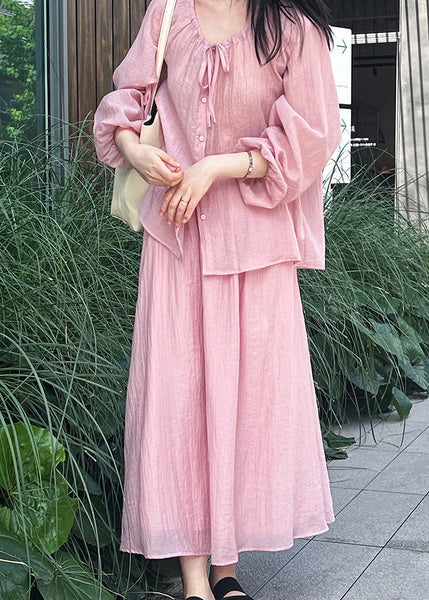 Lace Silk Two Up Wrinkled Shirt Pieces Skirts Set Pink Fall And FashionChic