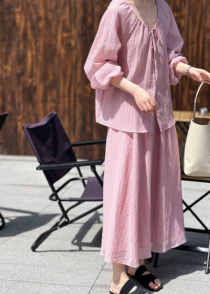 Lace Silk Two Up Wrinkled Shirt Pieces Skirts Set Pink Fall And FashionChic