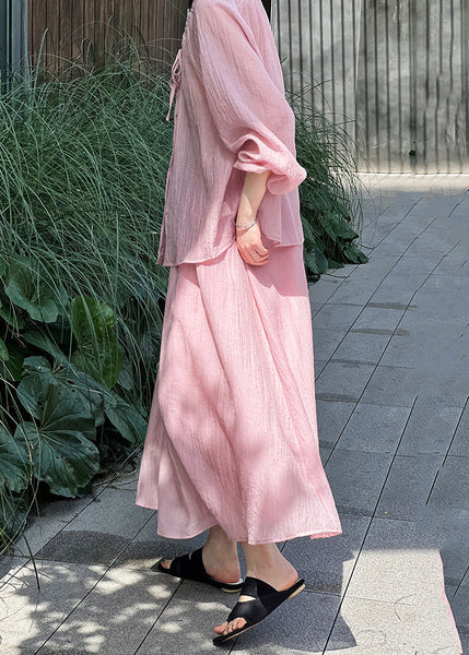 Lace Silk Two Up Wrinkled Shirt Pieces Skirts Set Pink Fall And FashionChic