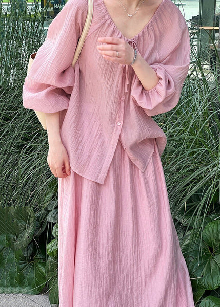 Lace Silk Two Up Wrinkled Shirt Pieces Skirts Set Pink Fall And FashionChic