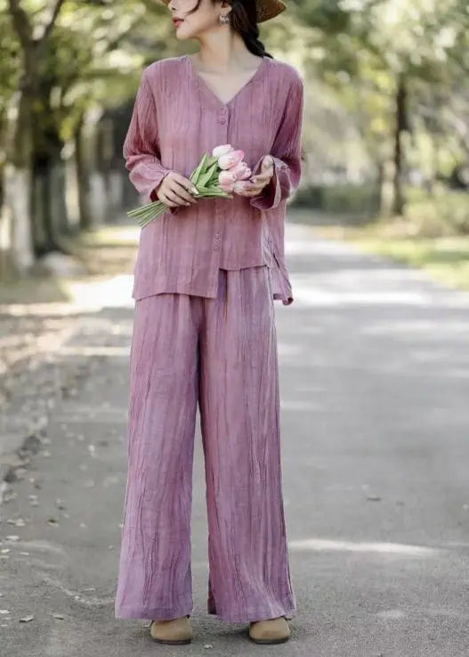 Pink Linen Two Piece Set Asymmetrical Wrinkled Spring Ada Fashion