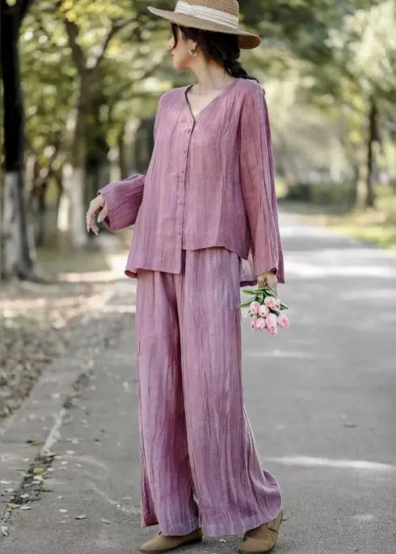 Pink Linen Two Piece Set Asymmetrical Wrinkled Spring Ada Fashion