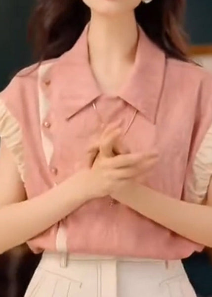 Patchwork Summer Blouse Pink Original Design Peter Pan Cotton FashionChic