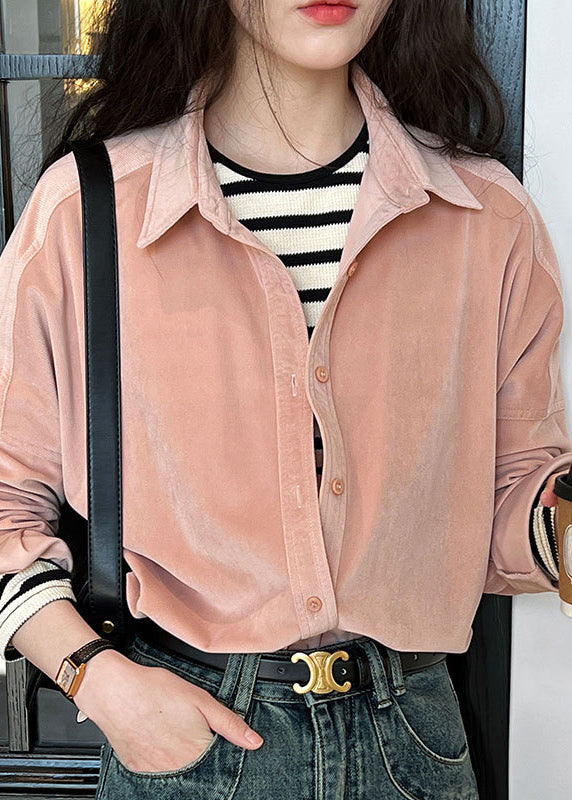 Pink Patchwork Button Corduroy Top Long Sleeve QE077 HS-LTP240925