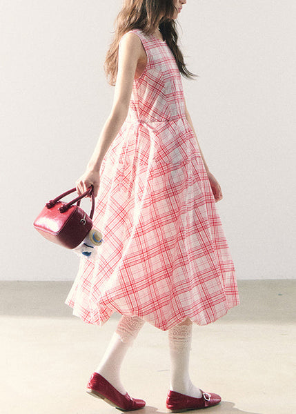 Long Lace Up Dress Zippered Summer Pink Cotton Plaid FashionChic