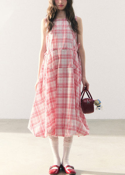 Long Lace Up Dress Zippered Summer Pink Cotton Plaid FashionChic