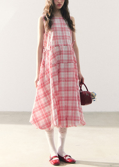 Long Lace Up Dress Zippered Summer Pink Cotton Plaid FashionChic