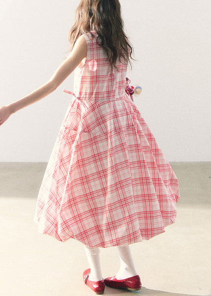 Long Lace Up Dress Zippered Summer Pink Cotton Plaid FashionChic