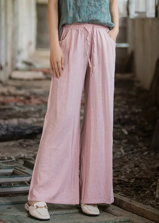 Pink Pockets Linen Wide Leg Pants Elastic Waist Ada Fashion