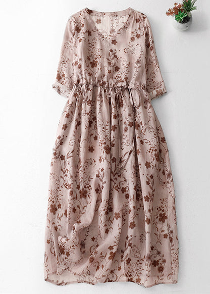 Pink Print Boho Cotton Long Dress V Neck Drawstring Summer AM1068 Genistyle Shop