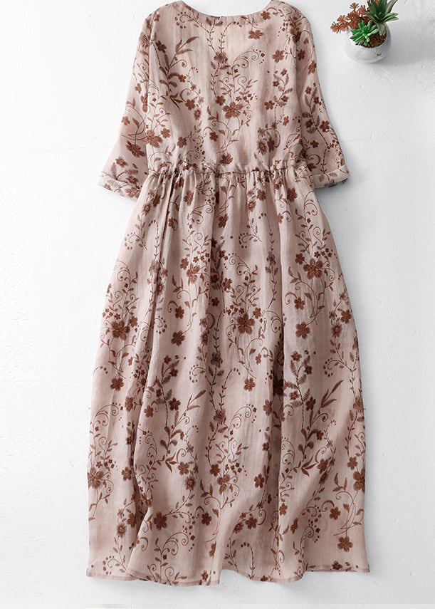 Pink Print Boho Cotton Long Dress V Neck Drawstring Summer AM1068 Genistyle Shop