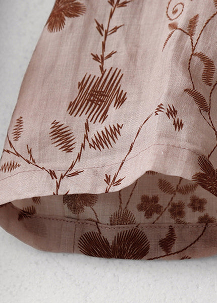 Pink Print Boho Cotton Long Dress V Neck Drawstring Summer AM1068 Genistyle Shop