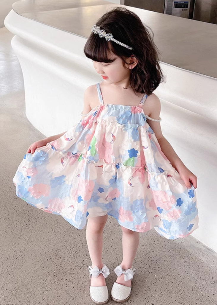 Pink Print Cotton Girls Spaghetti Strap Dress Ruffled Summer EW065 WS-RCTZSDGM240809