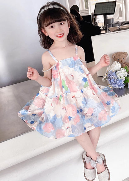 Pink Print Cotton Girls Spaghetti Strap Dress Ruffled Summer EW065 WS-RCTZSDGM240809