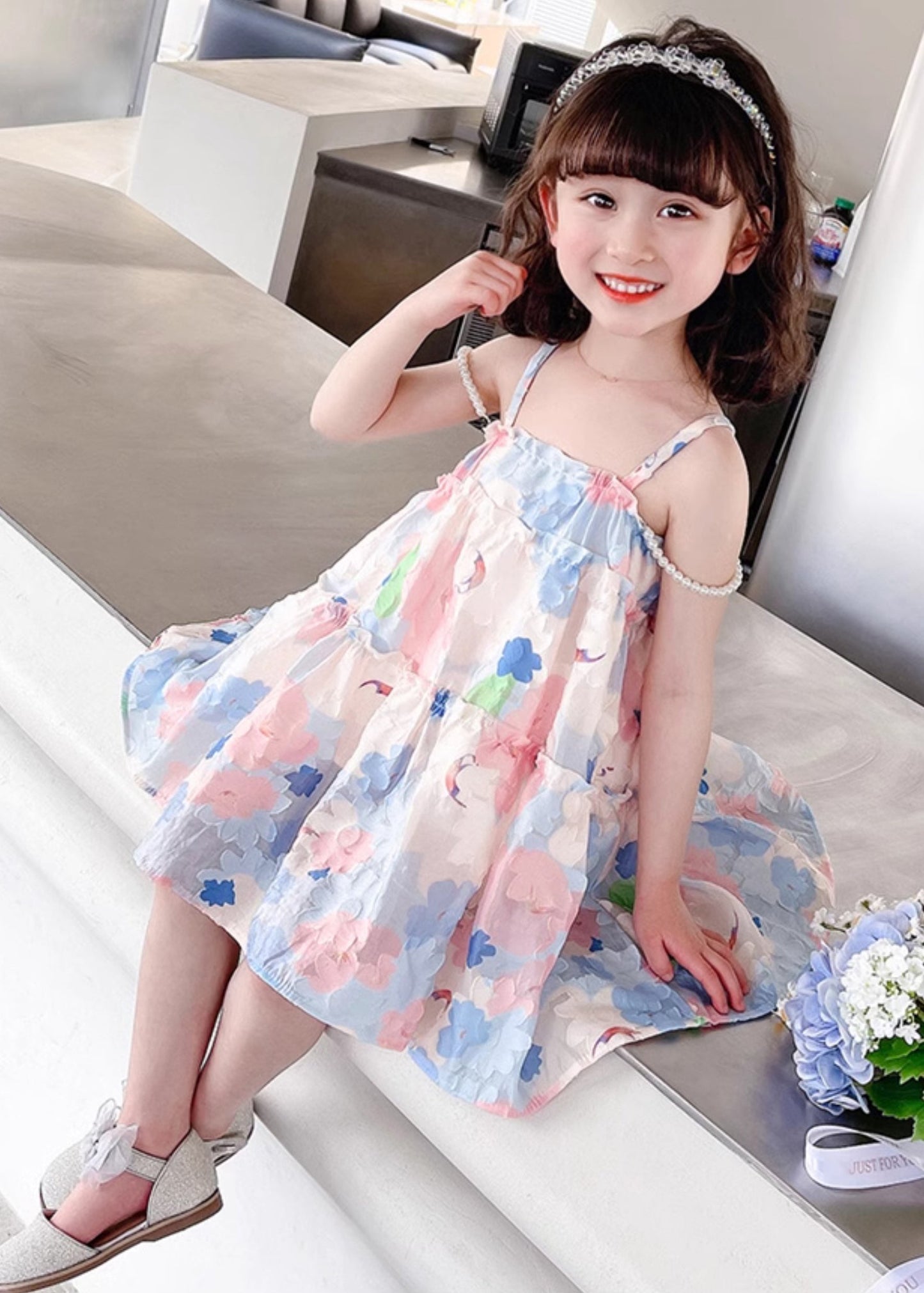 Pink Print Cotton Girls Spaghetti Strap Dress Ruffled Summer EW065 WS-RCTZSDGM240809