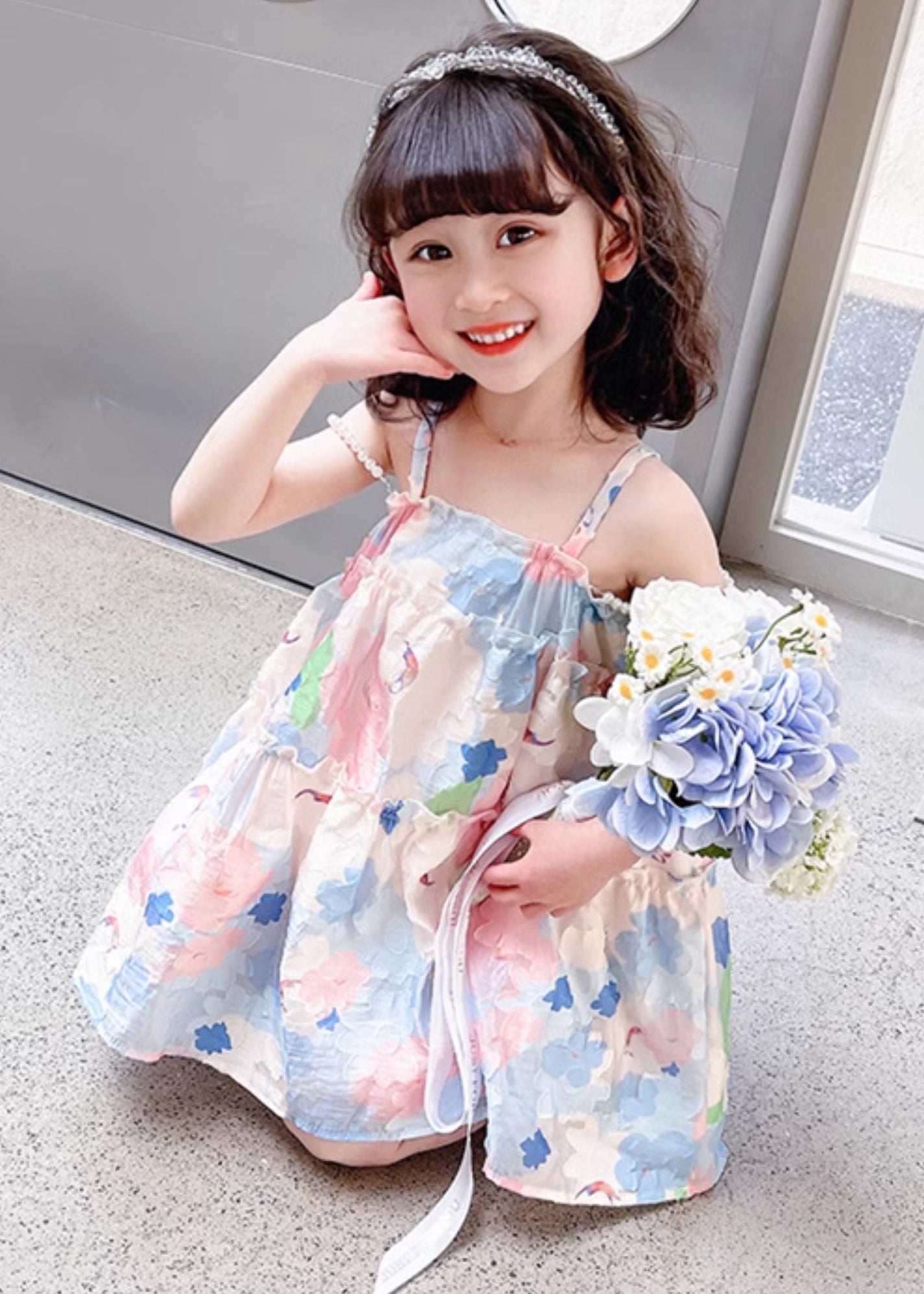 Pink Print Cotton Girls Spaghetti Strap Dress Ruffled Summer EW065 WS-RCTZSDGM240809