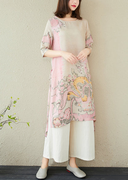 Dress Linen Pink Side Print Open Long Summer FashionChic